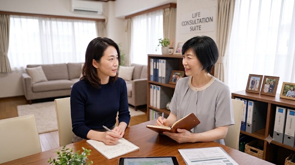 相談室で向き合い、笑顔で話し合う相談員とご利用者