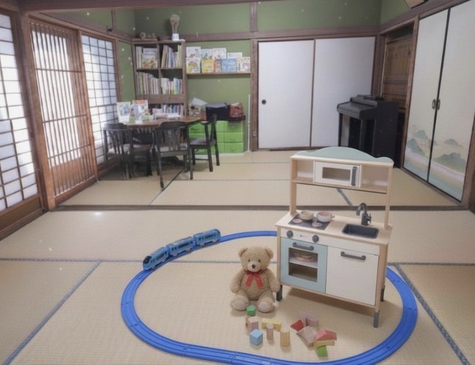 ボヌールシップ長崎のプレイルーム。電車のおもちゃやくまのぬいぐるみが並ぶ和室