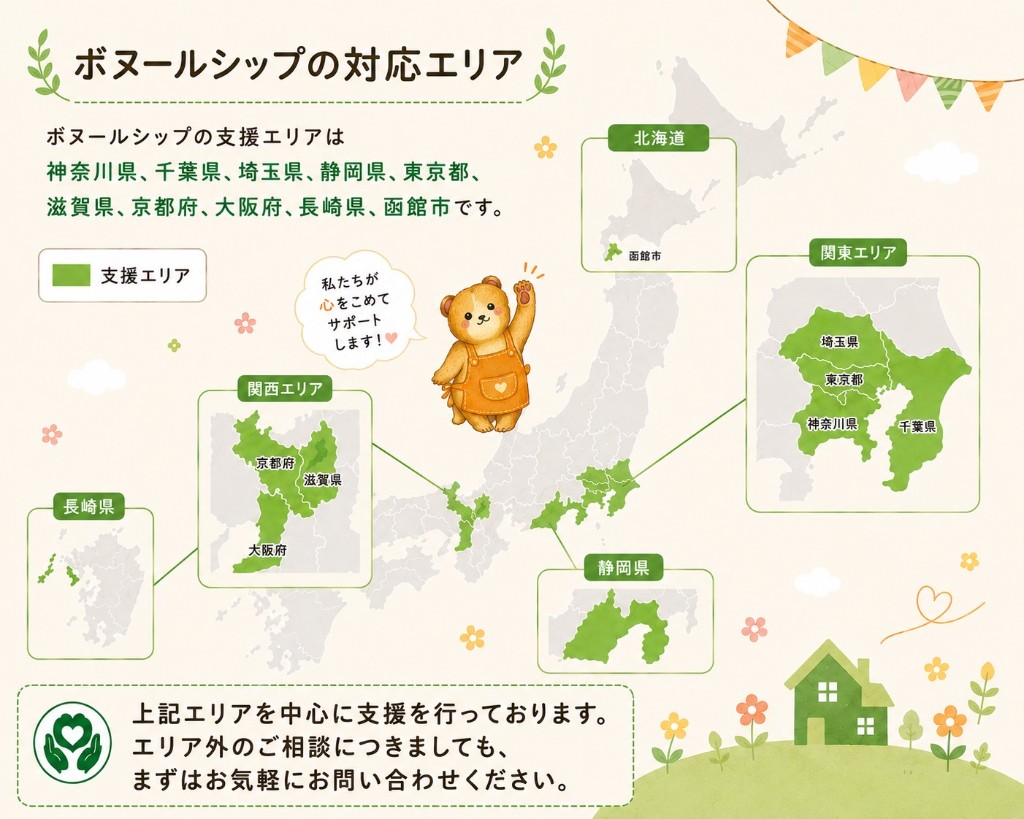 ボヌールシップの対応エリアを示す日本地図。北海道函館市、関東、静岡、関西、長崎の支援エリアが表示されています。